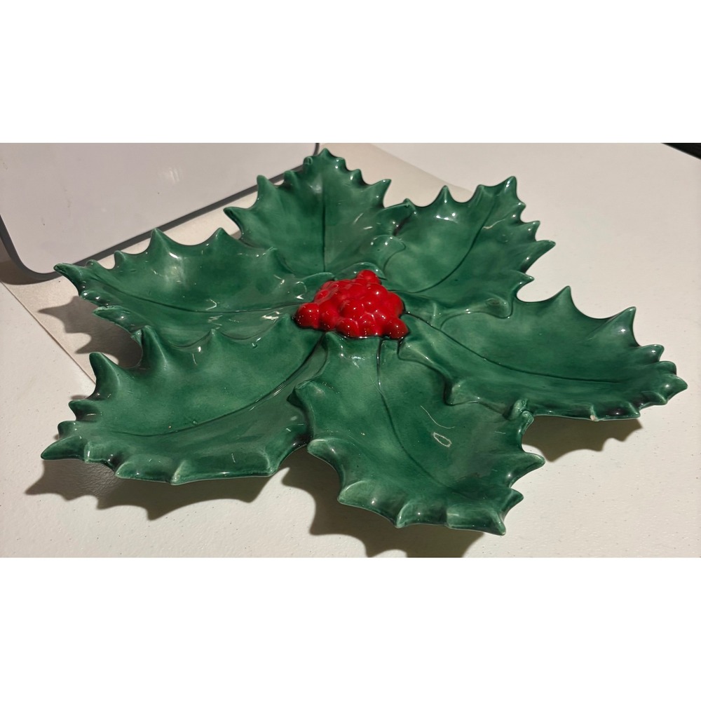 Vintage 1983 Ceramic Holly Leaf Christmas Candy Dish Green Red Berries 14 inches